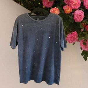 VERO MODA Black Washed Studded Short Sleeve Cotton Casual T-Shirt 🖤 Large/XL 🖤